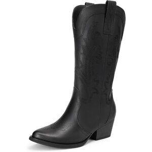 Women All Black Western Embroidered Pointed Toe Low Heel Mid Calf Boot Low Heel